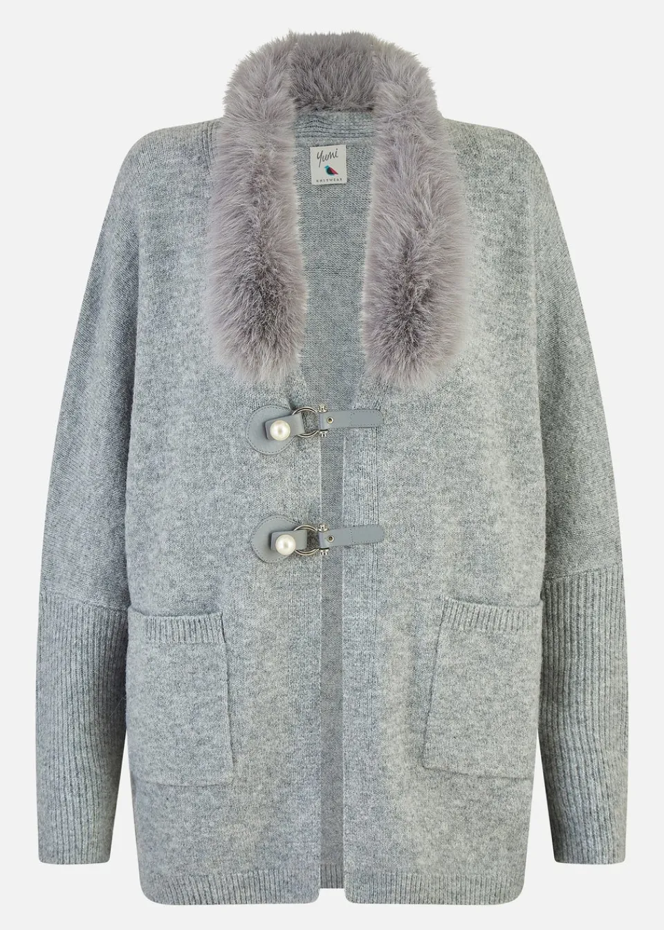 Tops>Yumi Grey Cardigan With Detachable Fur Collar Trim
