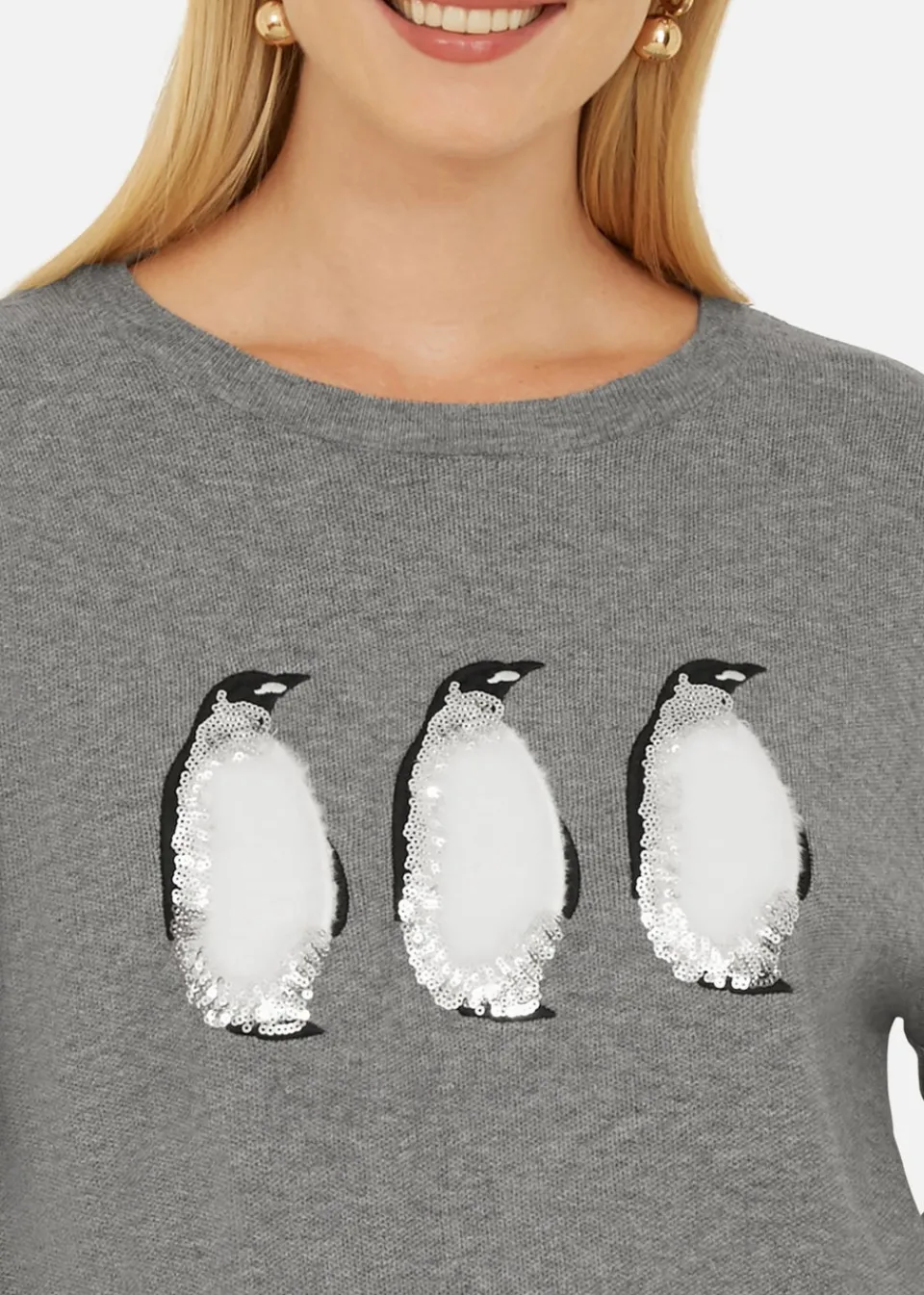 Knitwear>Yumi Grey Christmas Festive Penguin Knitted Jumper