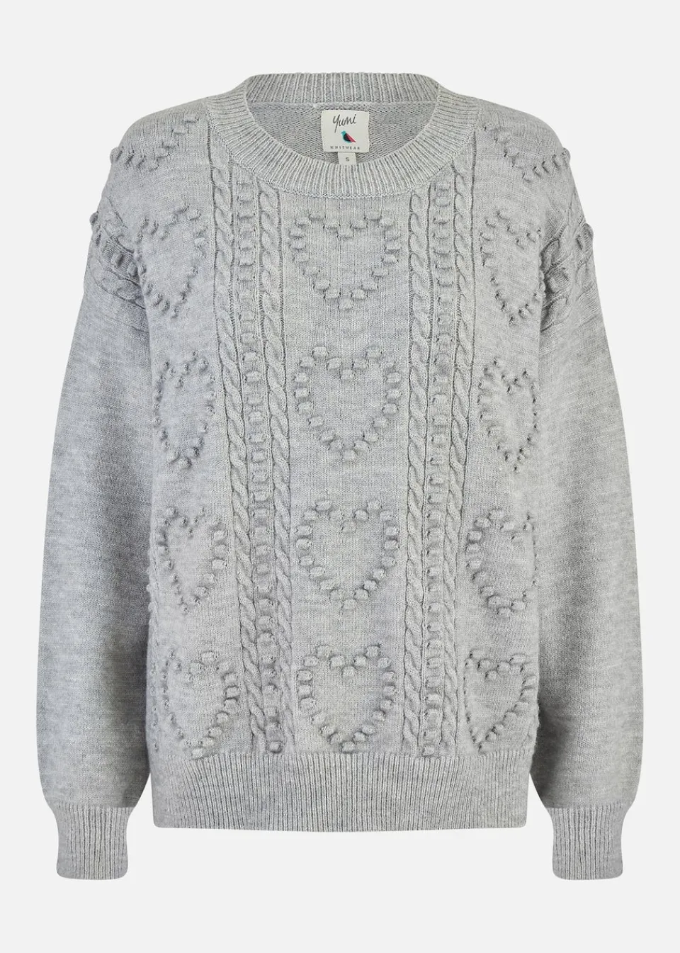 Tops>Yumi Grey Heart Knit Relaxed Jumper