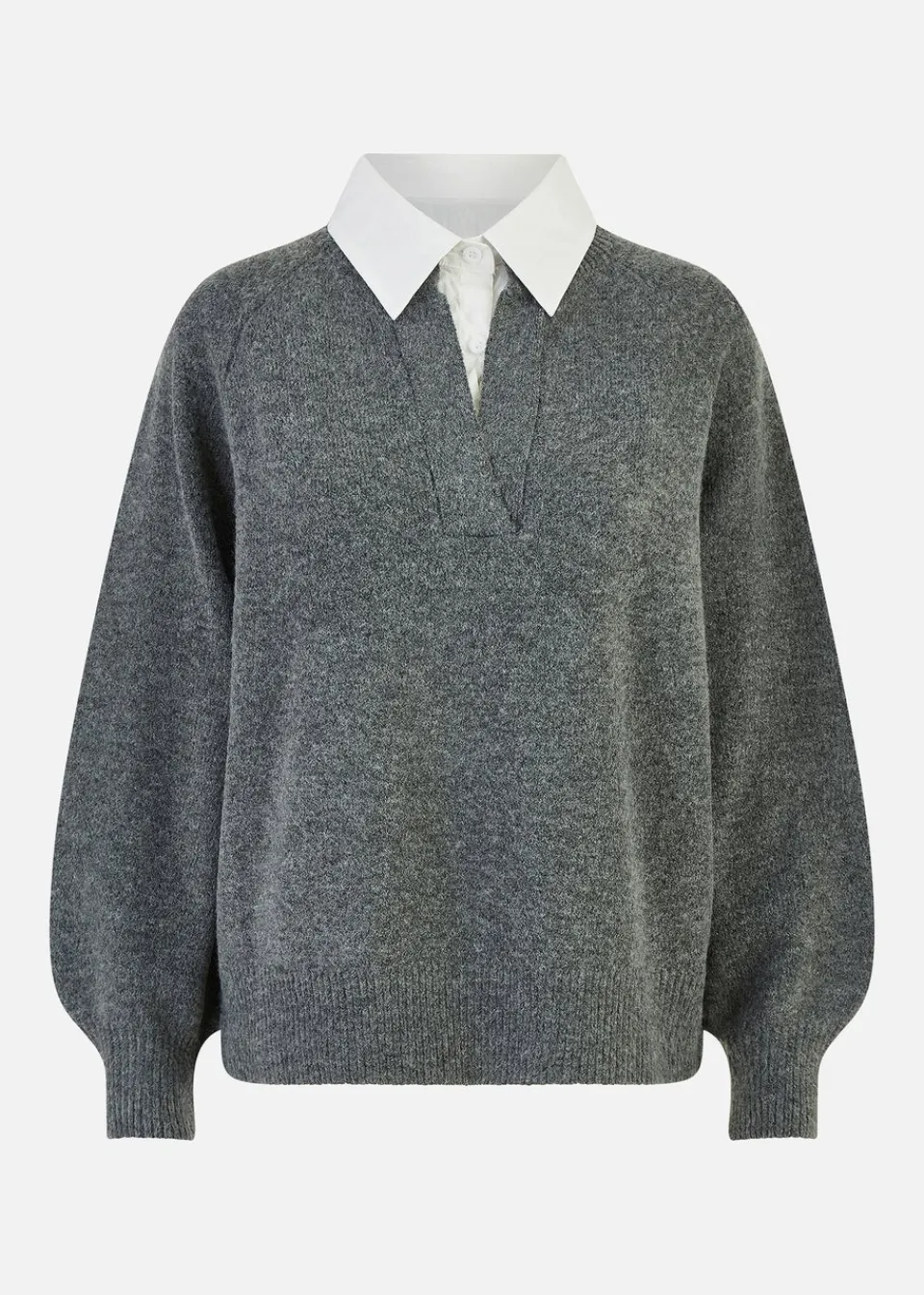 Tops>Yumi Grey Knitted Jumper With Collar Detail