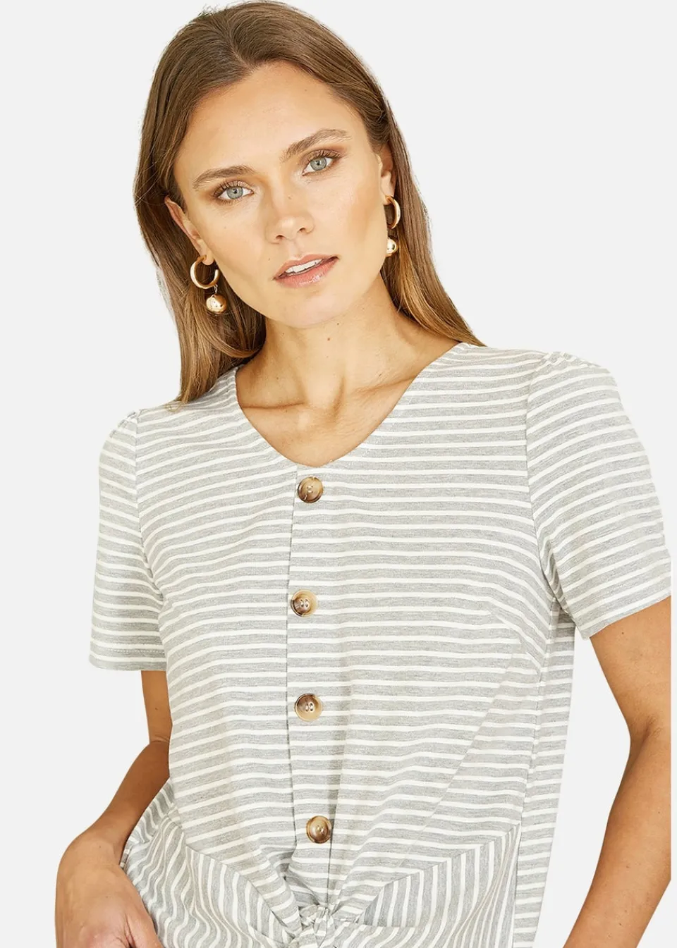 Tops>Yumi Grey Striped Jersey Button Detail Top