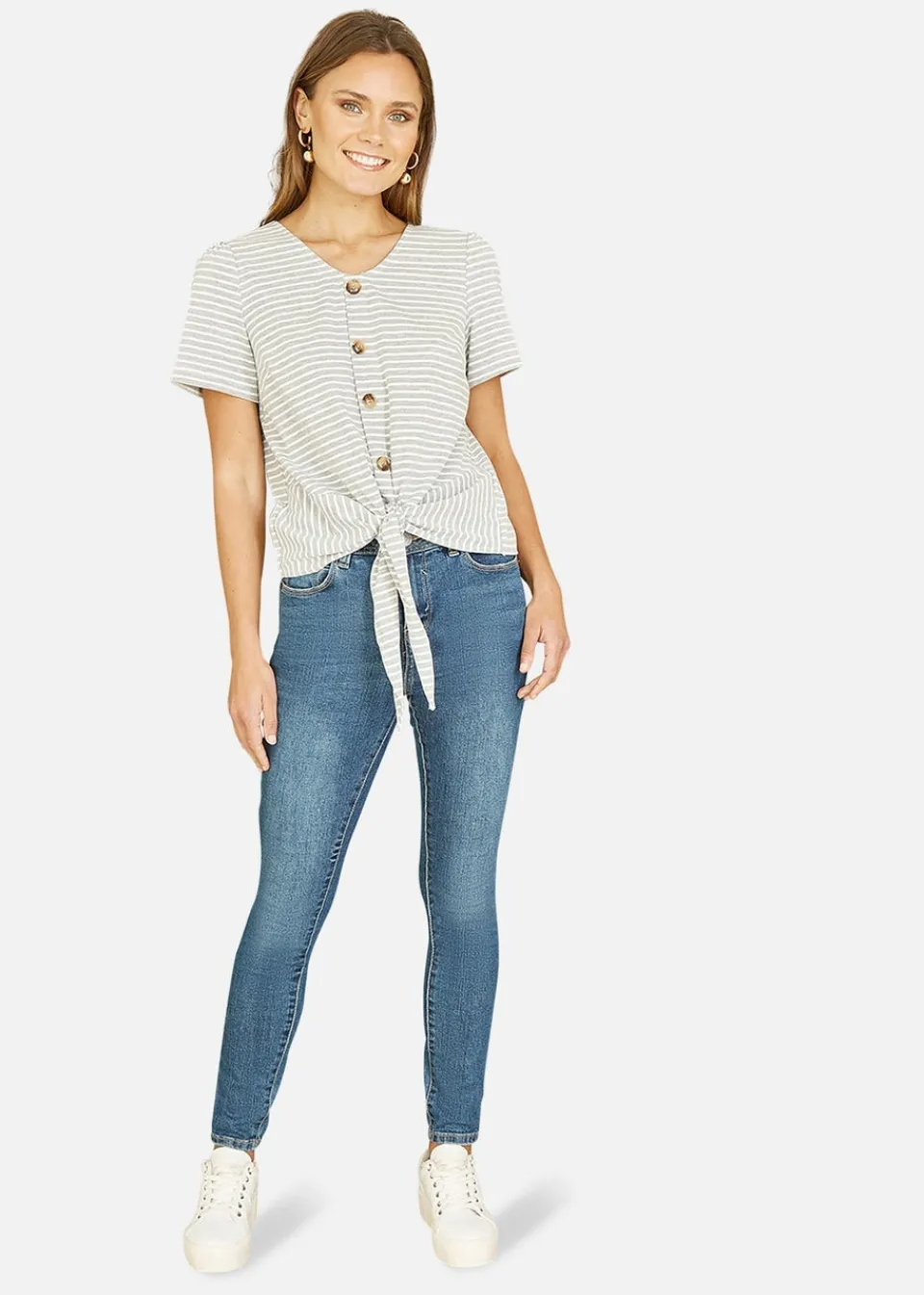 Tops>Yumi Grey Striped Jersey Button Detail Top