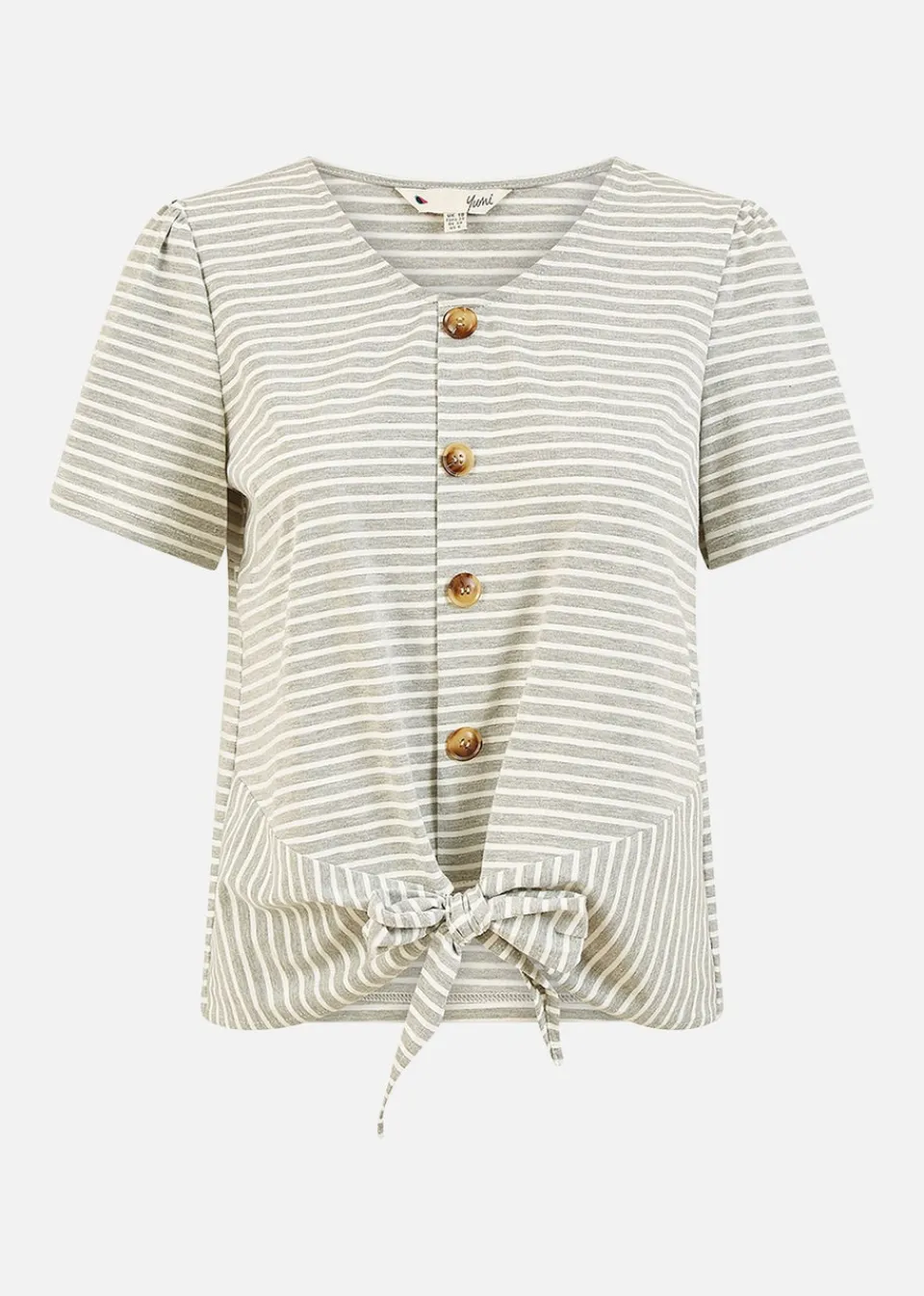 Tops>Yumi Grey Striped Jersey Button Detail Top