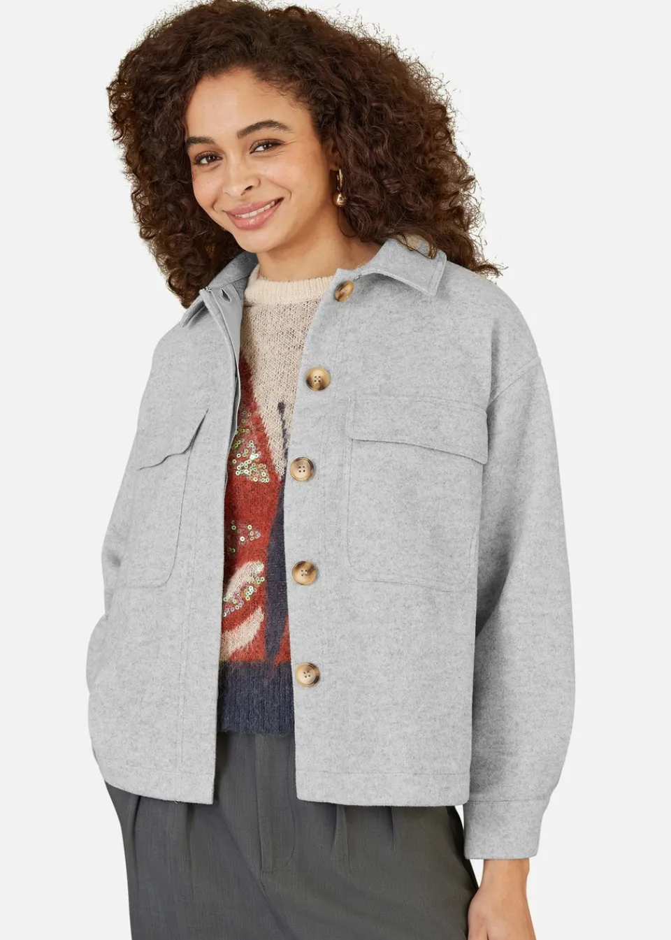 Coats & Jackets>Yumi Grey Woven Shacket With Oversize Pockets