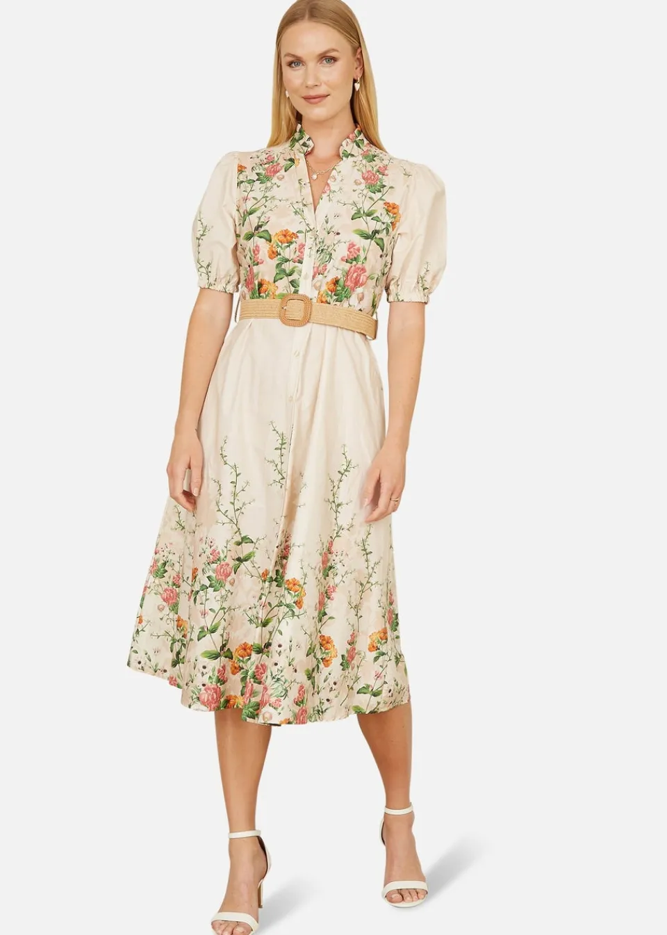 Dresses>Yumi Ivory Cotton Printed Midi Floral Placement Shirt Dress