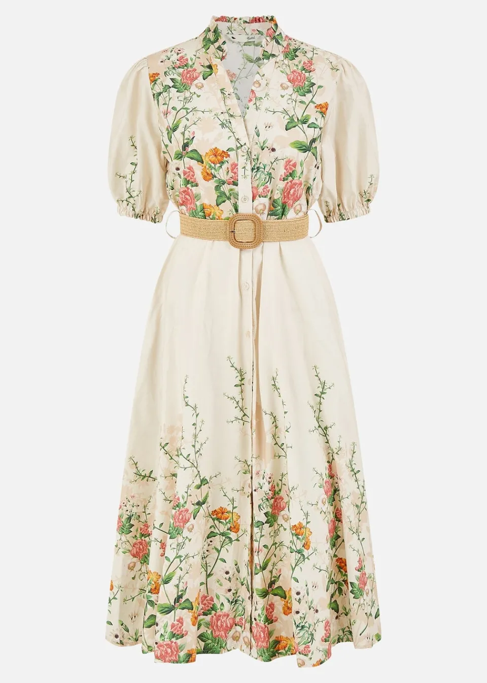 Dresses>Yumi Ivory Cotton Printed Midi Floral Placement Shirt Dress