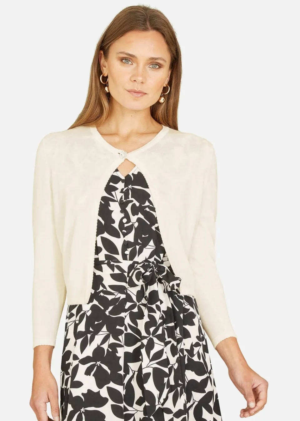 Tops>Yumi Ivory Diamante Button Cropped Cardigan