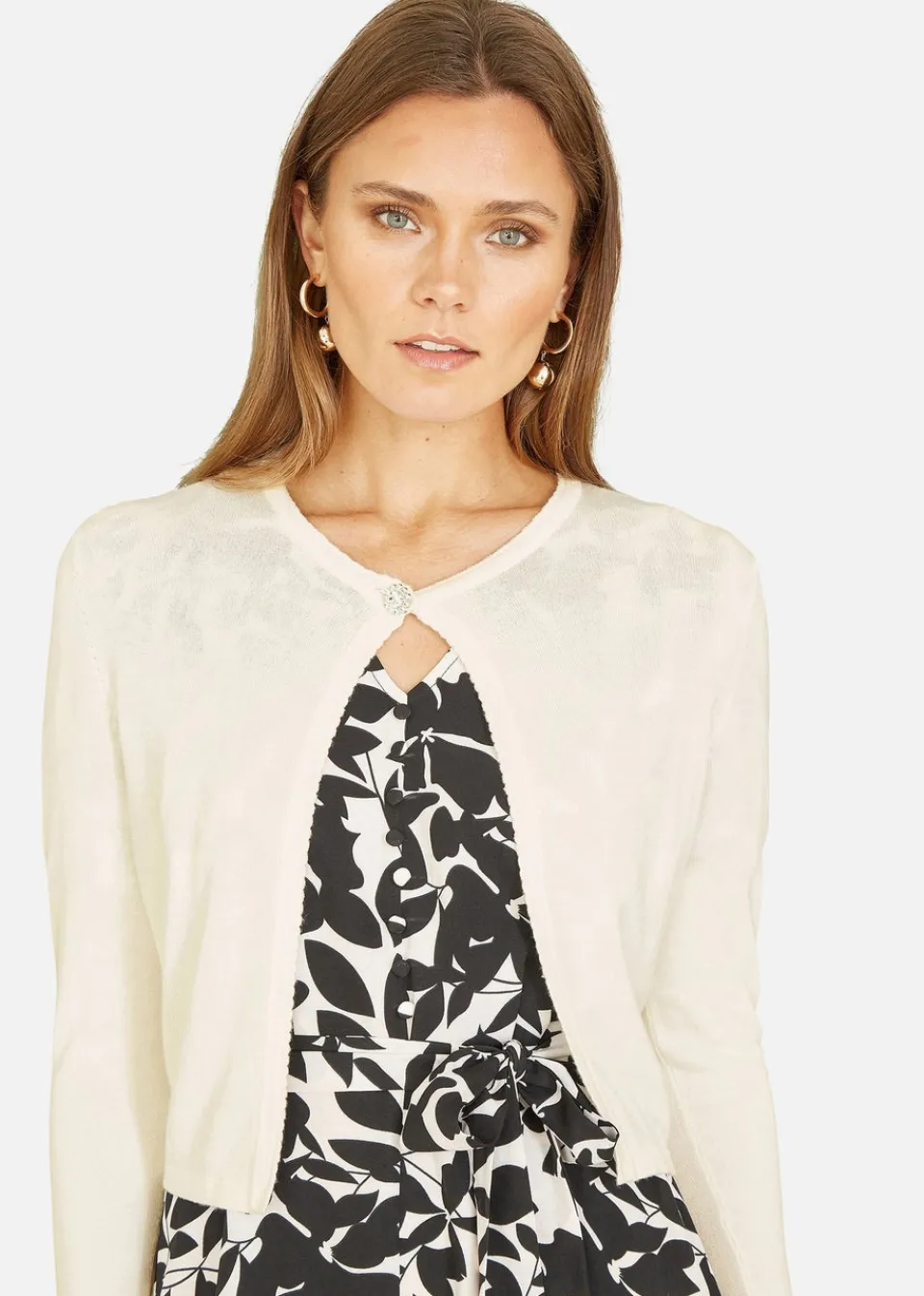 Tops>Yumi Ivory Diamante Button Cropped Cardigan