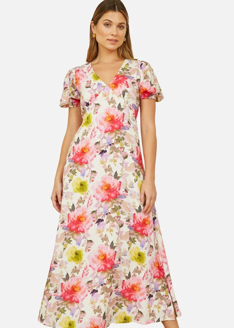 Dresses>Yumi Ivory Floral Midi Dress