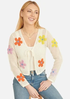 Tops>Yumi Ivory Tie Front Cardigan With Flower Design