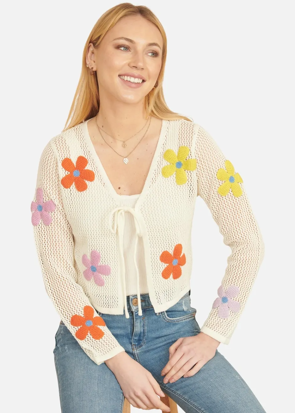 Tops>Yumi Ivory Tie Front Cardigan With Flower Design