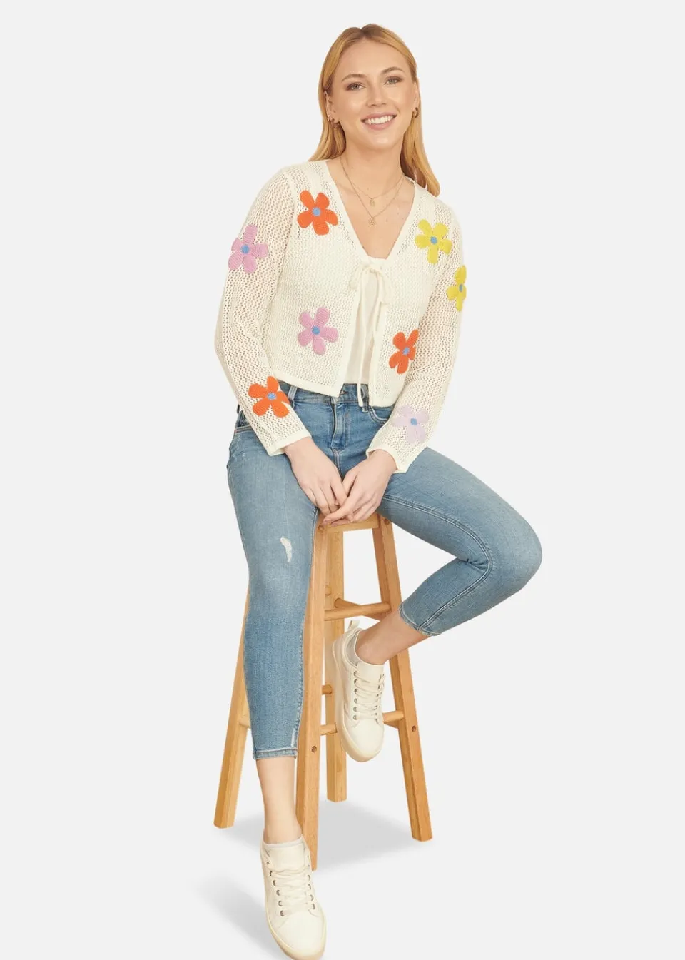 Tops>Yumi Ivory Tie Front Cardigan With Flower Design