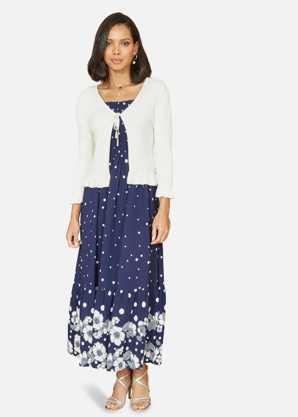 Tops>Yumi Ivory Tie Up Ribbed Cardigan With Frill Hem