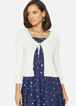 Tops>Yumi Ivory Tie Up Ribbed Cardigan With Frill Hem