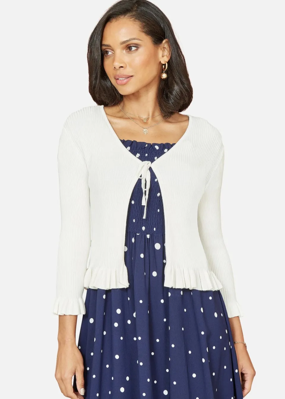 Tops>Yumi Ivory Tie Up Ribbed Cardigan With Frill Hem