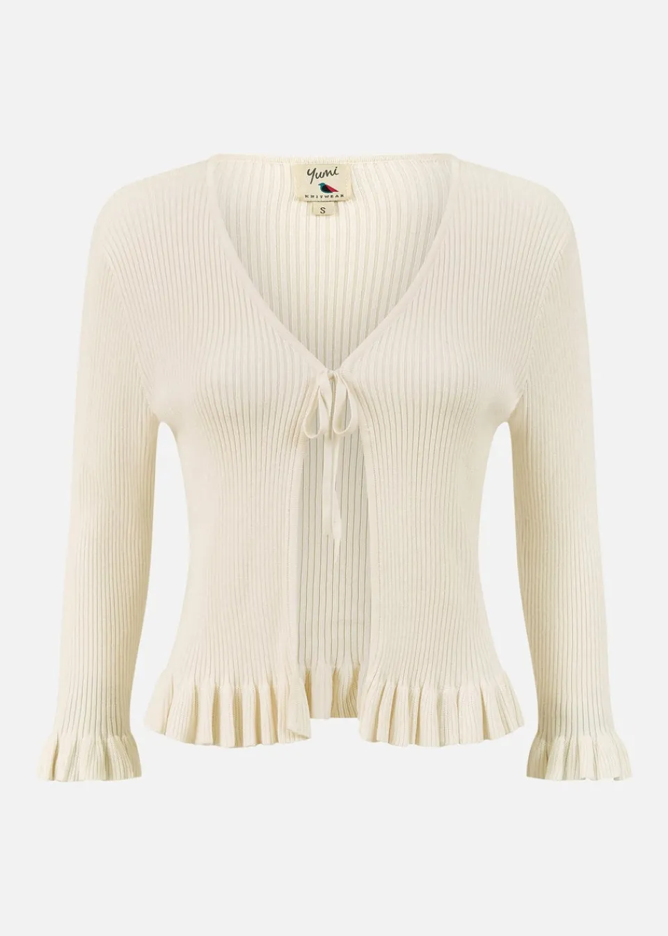 Tops>Yumi Ivory Tie Up Ribbed Cardigan With Frill Hem