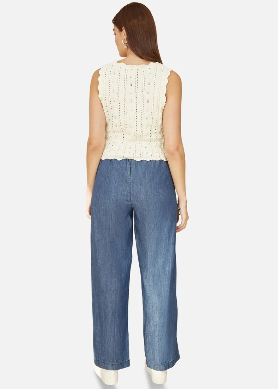 Tops>Yumi Ivory V Neck Button Down Crochet Knitted Top