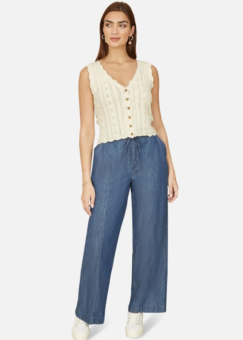 Tops>Yumi Ivory V Neck Button Down Crochet Knitted Top