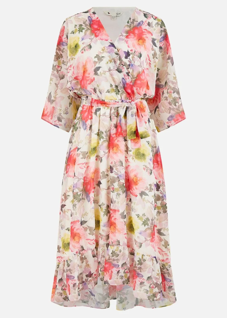Dresses>Yumi Ivory Vintage Floral Wrap Midi Dress With Frill