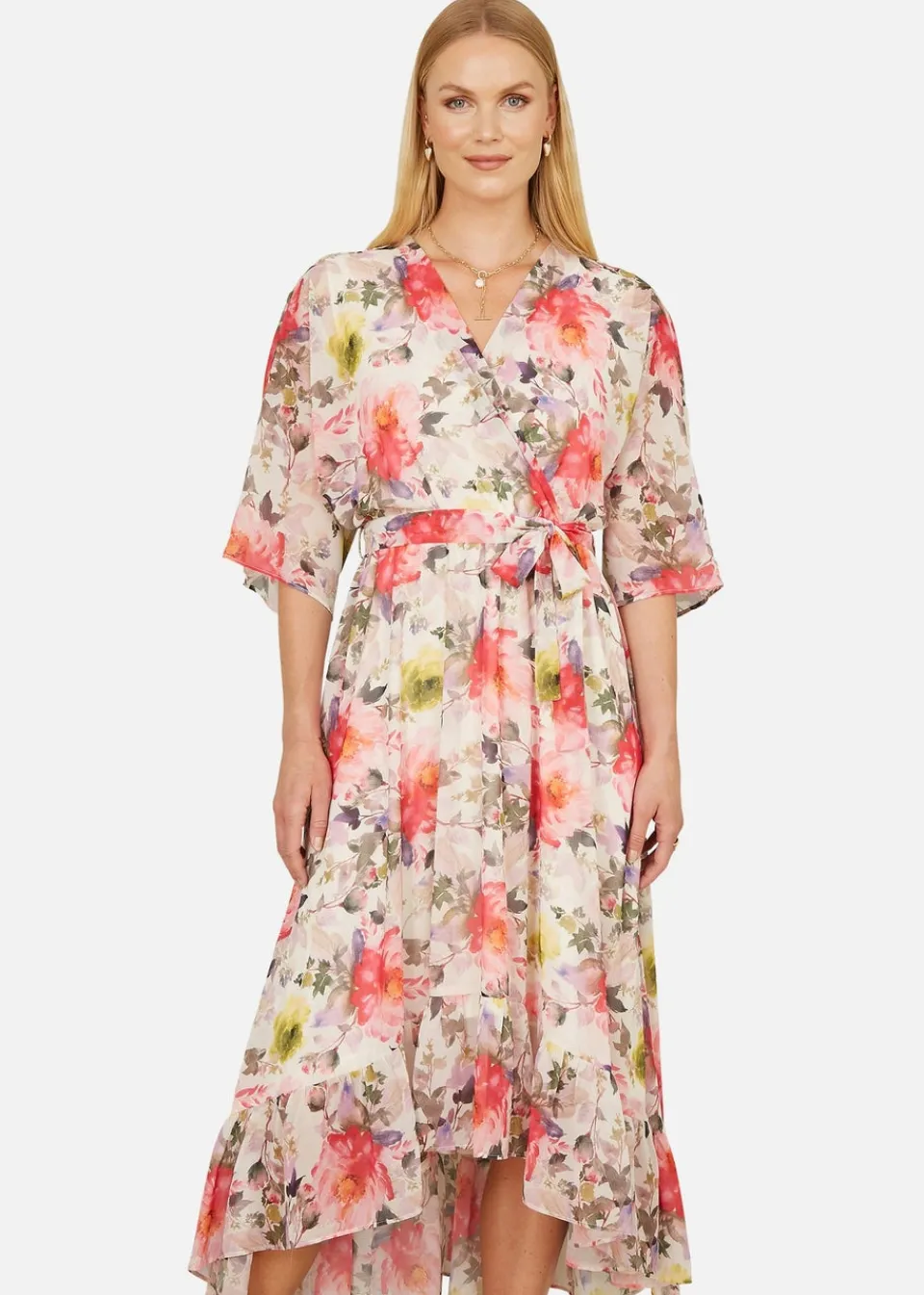 Dresses>Yumi Ivory Vintage Floral Wrap Midi Dress With Frill