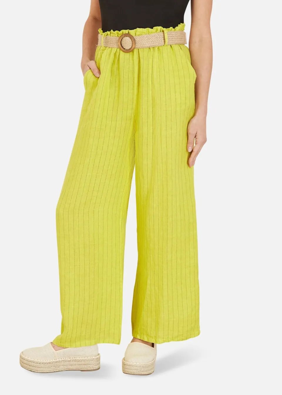 Trousers>Yumi Striped Italian Linen Wide Leg Trousers With Belt Lime