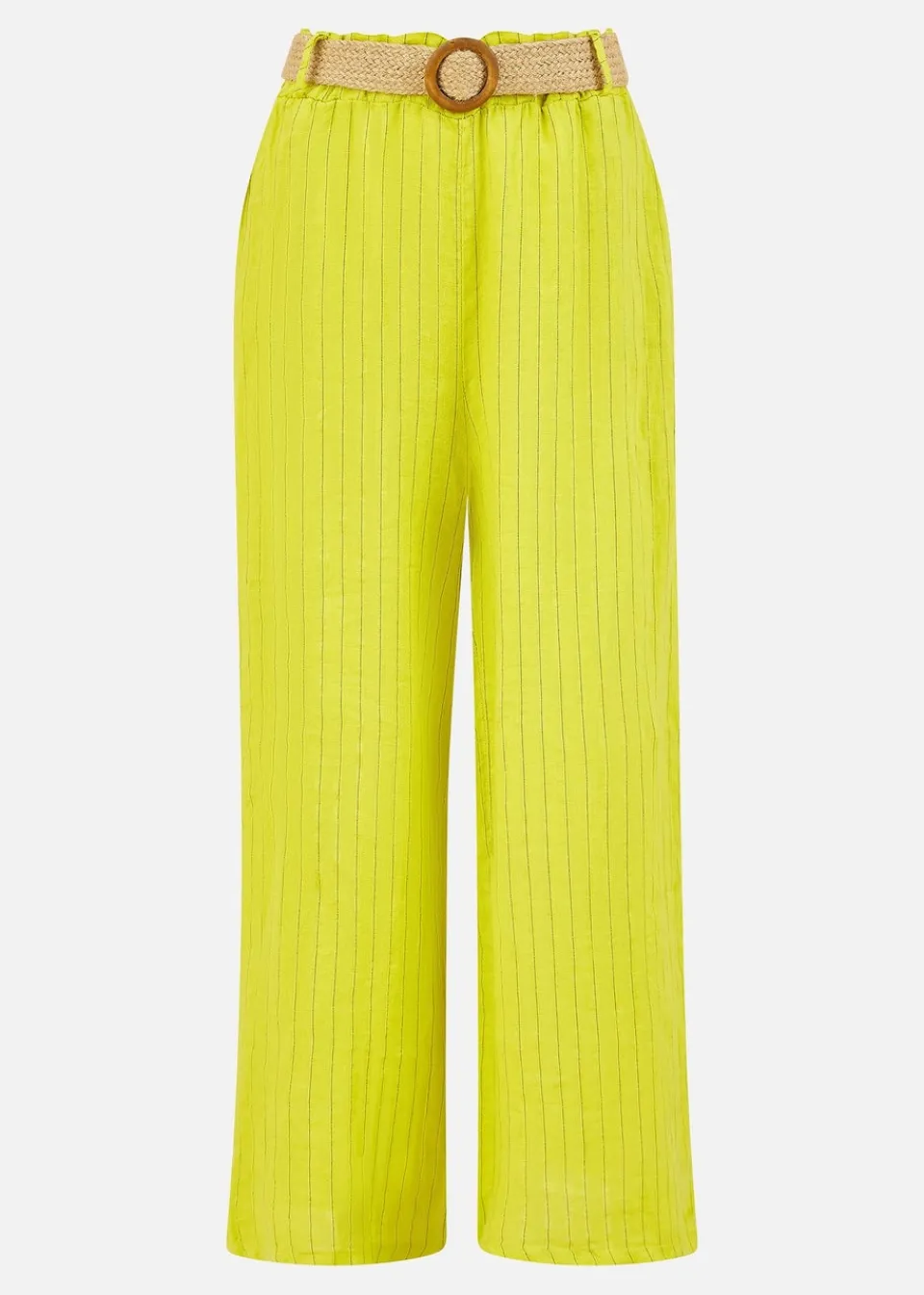 Trousers>Yumi Striped Italian Linen Wide Leg Trousers With Belt Lime