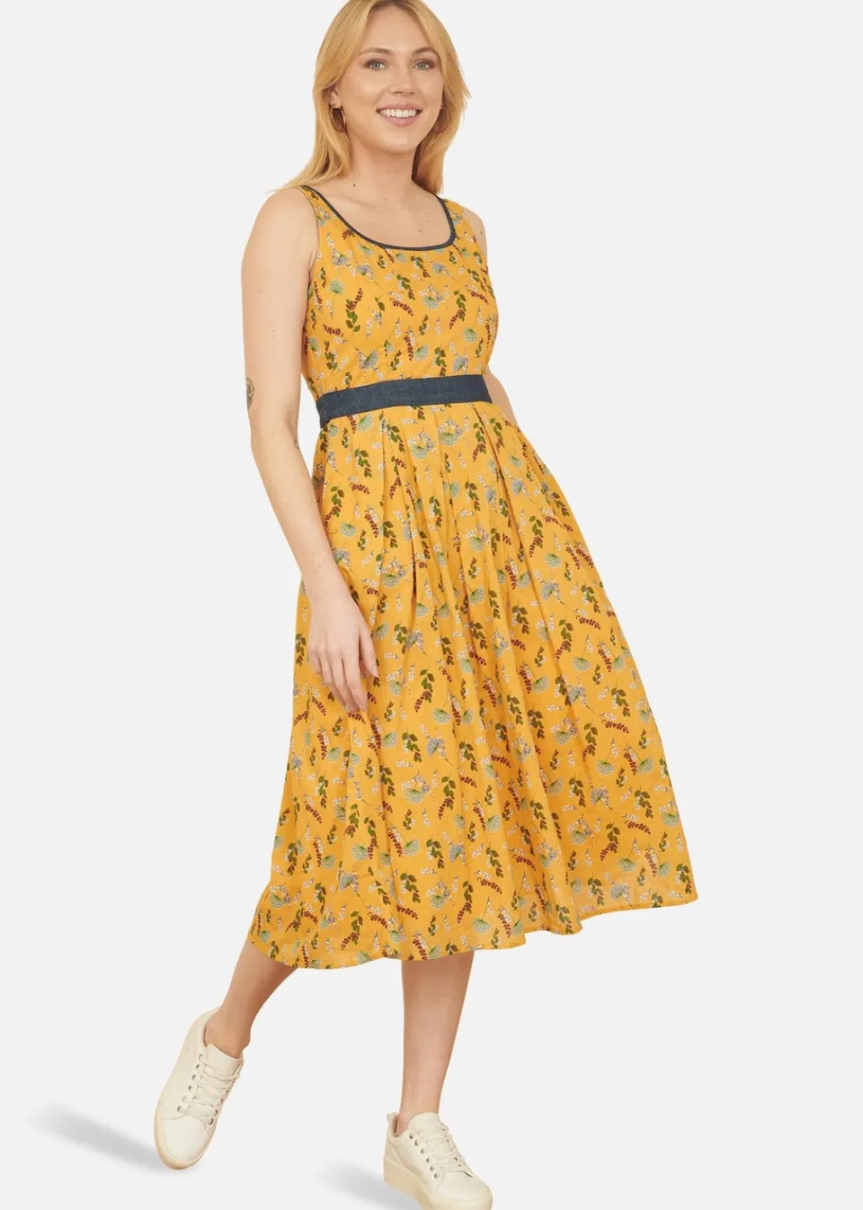 Dresses>Yumi Mustard Floral Skater Dress With Denim Trims