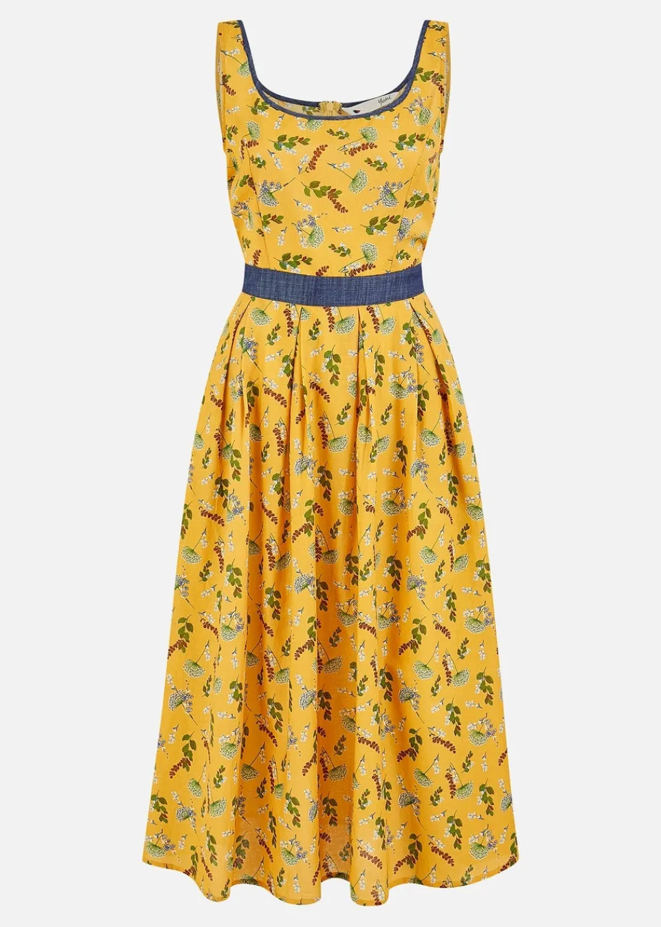 Dresses>Yumi Mustard Floral Skater Dress With Denim Trims