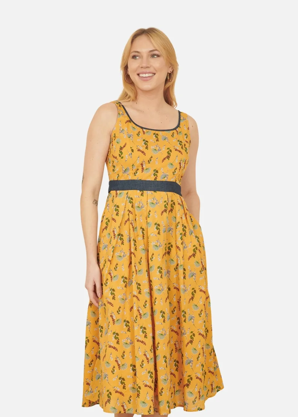 Dresses>Yumi Mustard Floral Skater Dress With Denim Trims