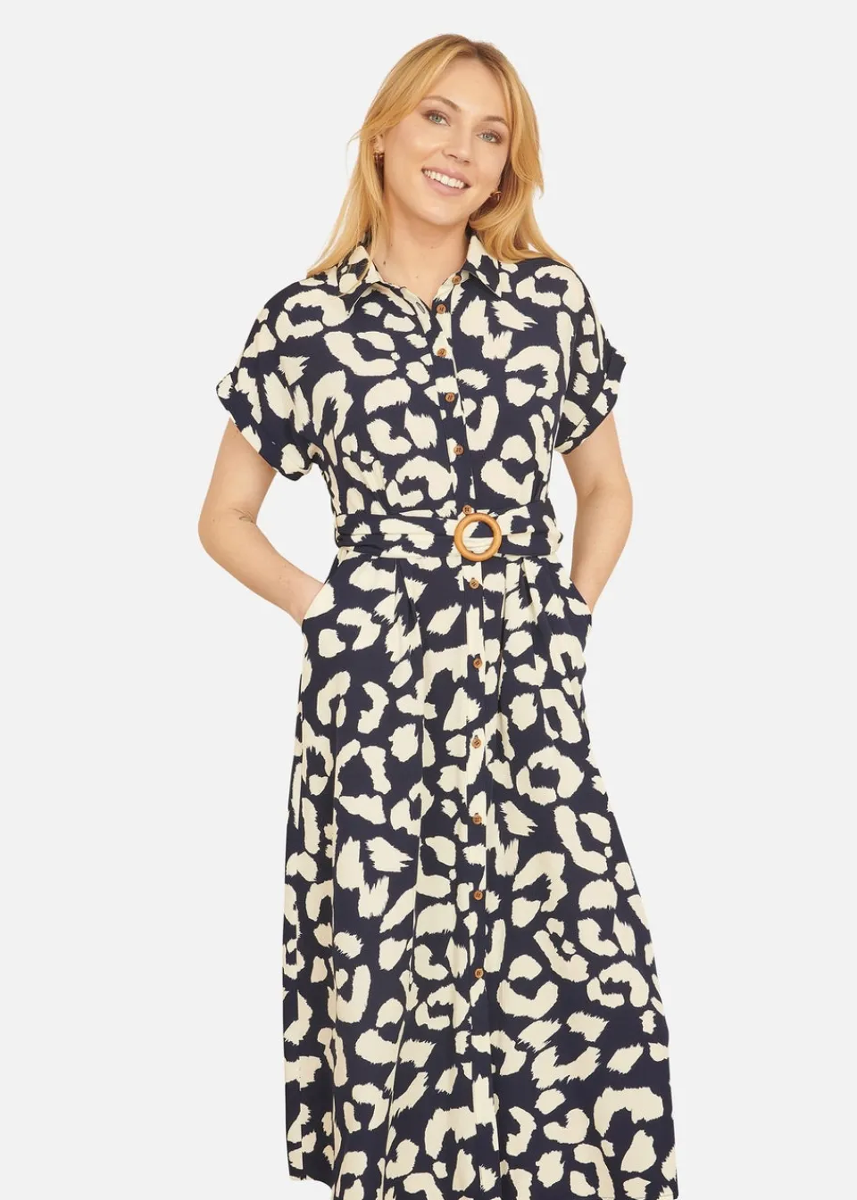 Dresses>Yumi Navy Abstract Animal Print Relaxed Midi Shirt Dress With Belt