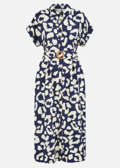 Dresses>Yumi Navy Abstract Animal Print Relaxed Midi Shirt Dress With Belt