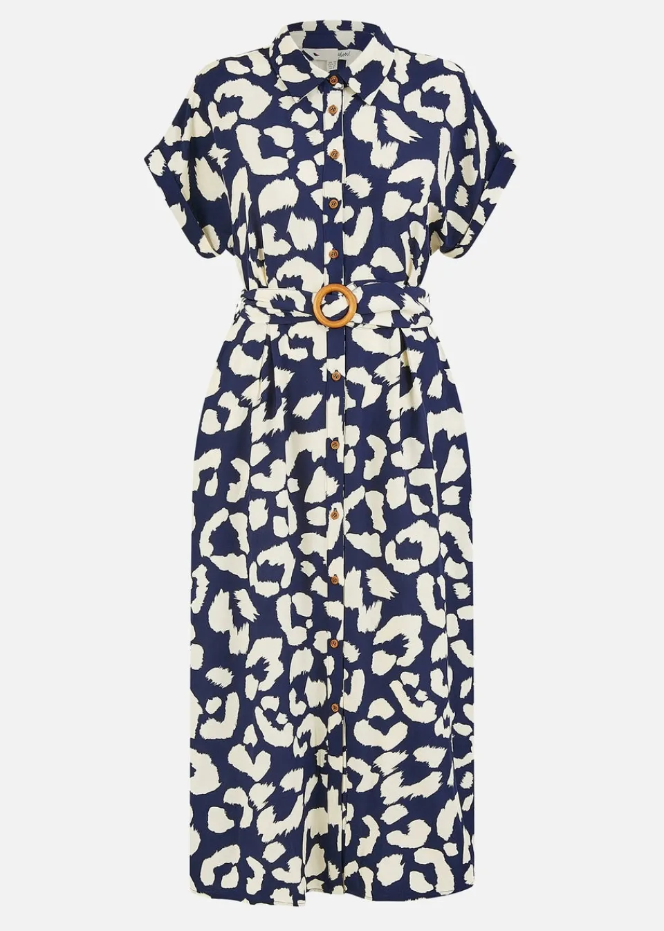 Dresses>Yumi Navy Abstract Animal Print Relaxed Midi Shirt Dress With Belt