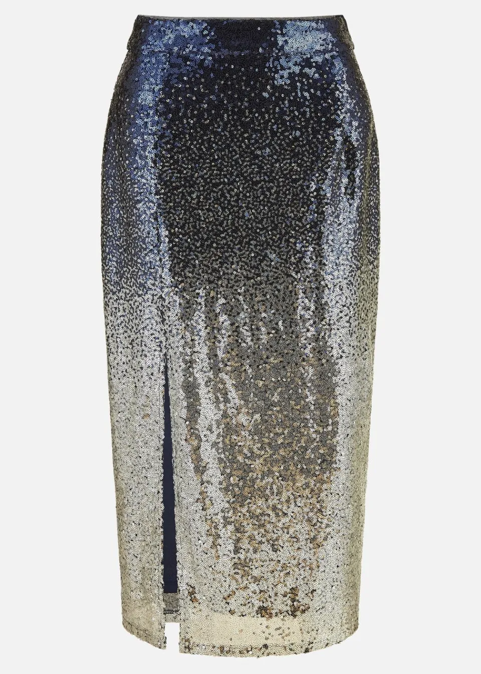 Skirts>Yumi Navy & Silver Sequin Split Fitted Midi Skirt