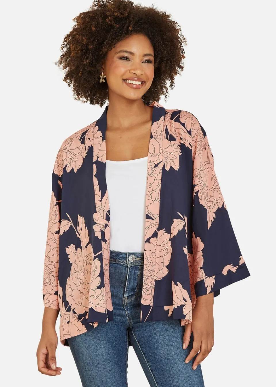 Tops>Yumi Navy Blossom Print Kimono