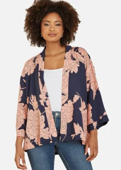 Tops>Yumi Navy Blossom Print Kimono