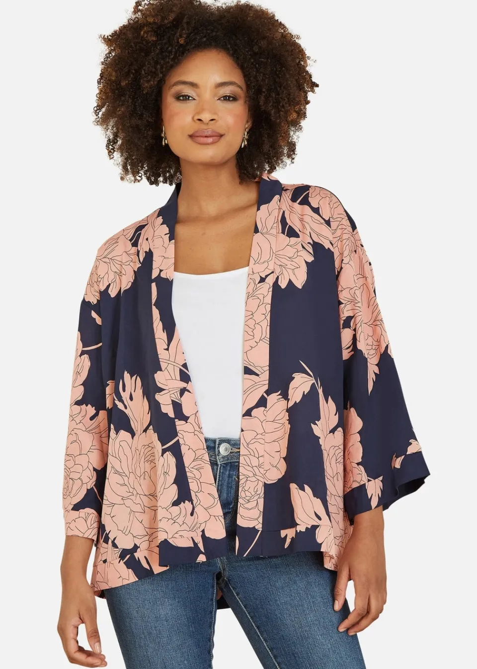 Tops>Yumi Navy Blossom Print Kimono