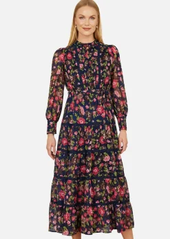 Dresses>Yumi Navy Blossom Print Maxi Dress Lace Trims