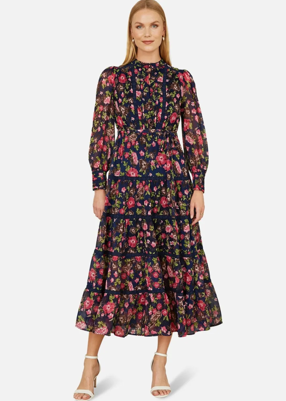 Dresses>Yumi Navy Blossom Print Maxi Dress Lace Trims
