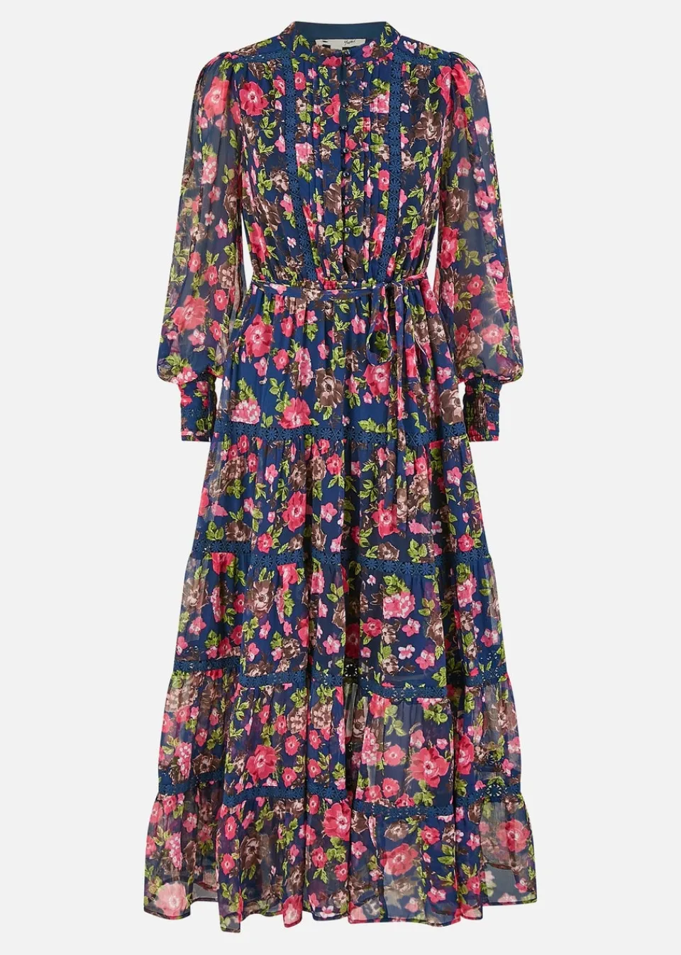 Dresses>Yumi Navy Blossom Print Maxi Dress Lace Trims