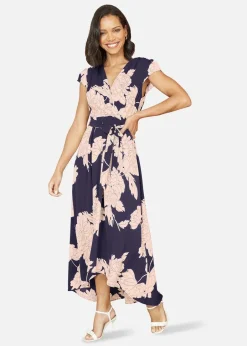 Dresses>Yumi Navy Blossom Print Wrap Midi With Dipped Hem