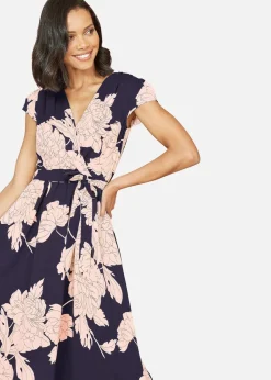 Dresses>Yumi Navy Blossom Print Wrap Midi With Dipped Hem