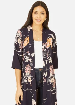 Tops>Yumi Navy Butterfly Print Long Kimono