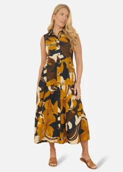Dresses>Yumi Navy Cotton Leaf Midi Sleeveless Shirt Dress