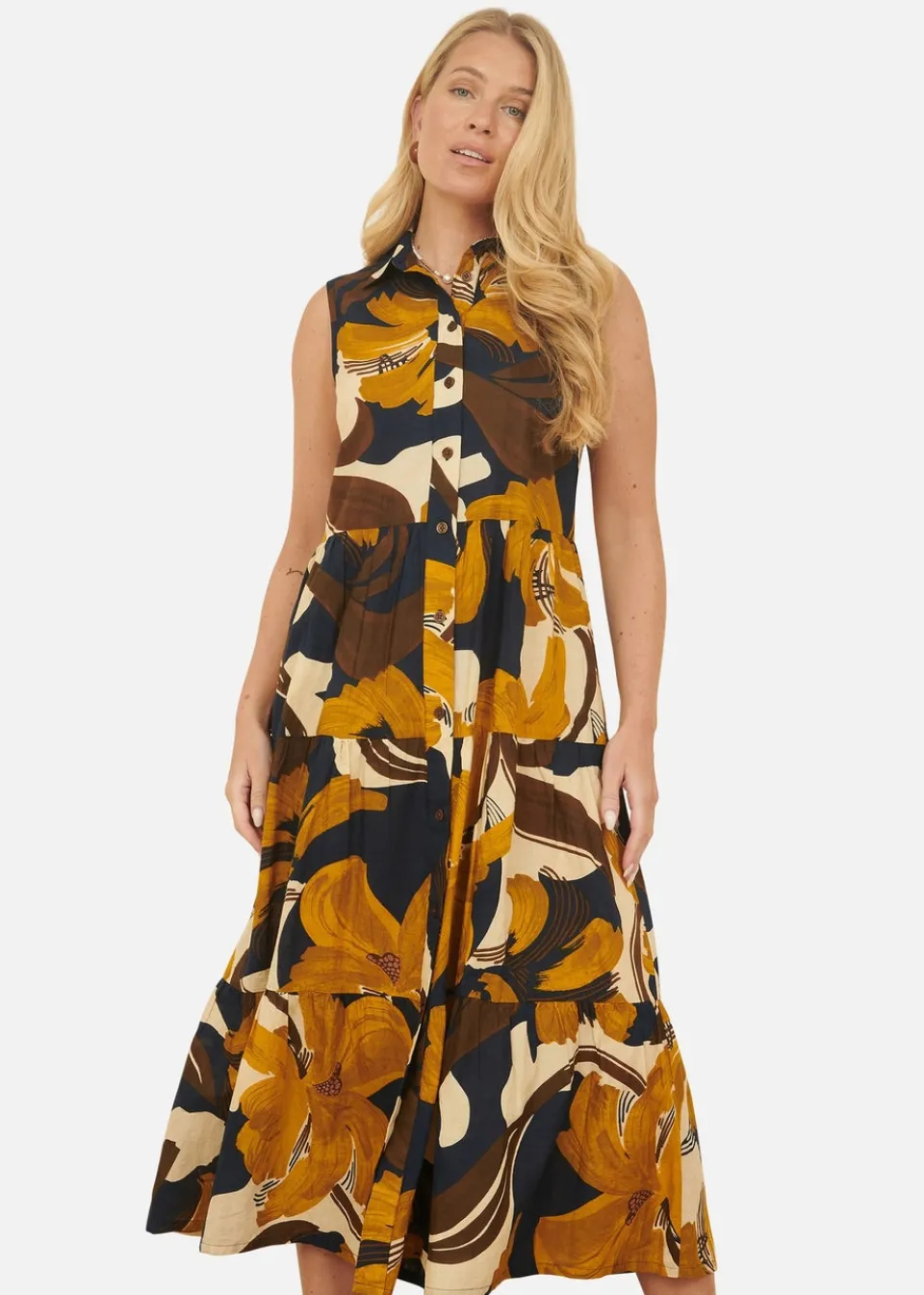 Dresses>Yumi Navy Cotton Leaf Midi Sleeveless Shirt Dress