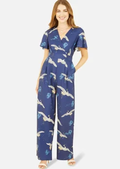 Jumpsuits & Playsuits>Yumi Navy Crane Print Angel Sleeve Jumpsuit