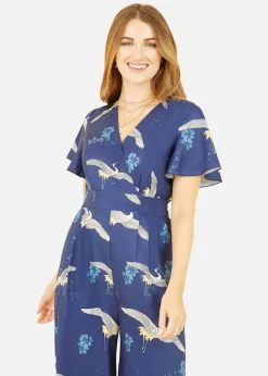 Jumpsuits & Playsuits>Yumi Navy Crane Print Angel Sleeve Jumpsuit