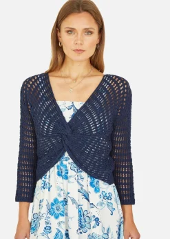 Tops>Yumi Navy Crochet Cotton Twisted Bolero Top