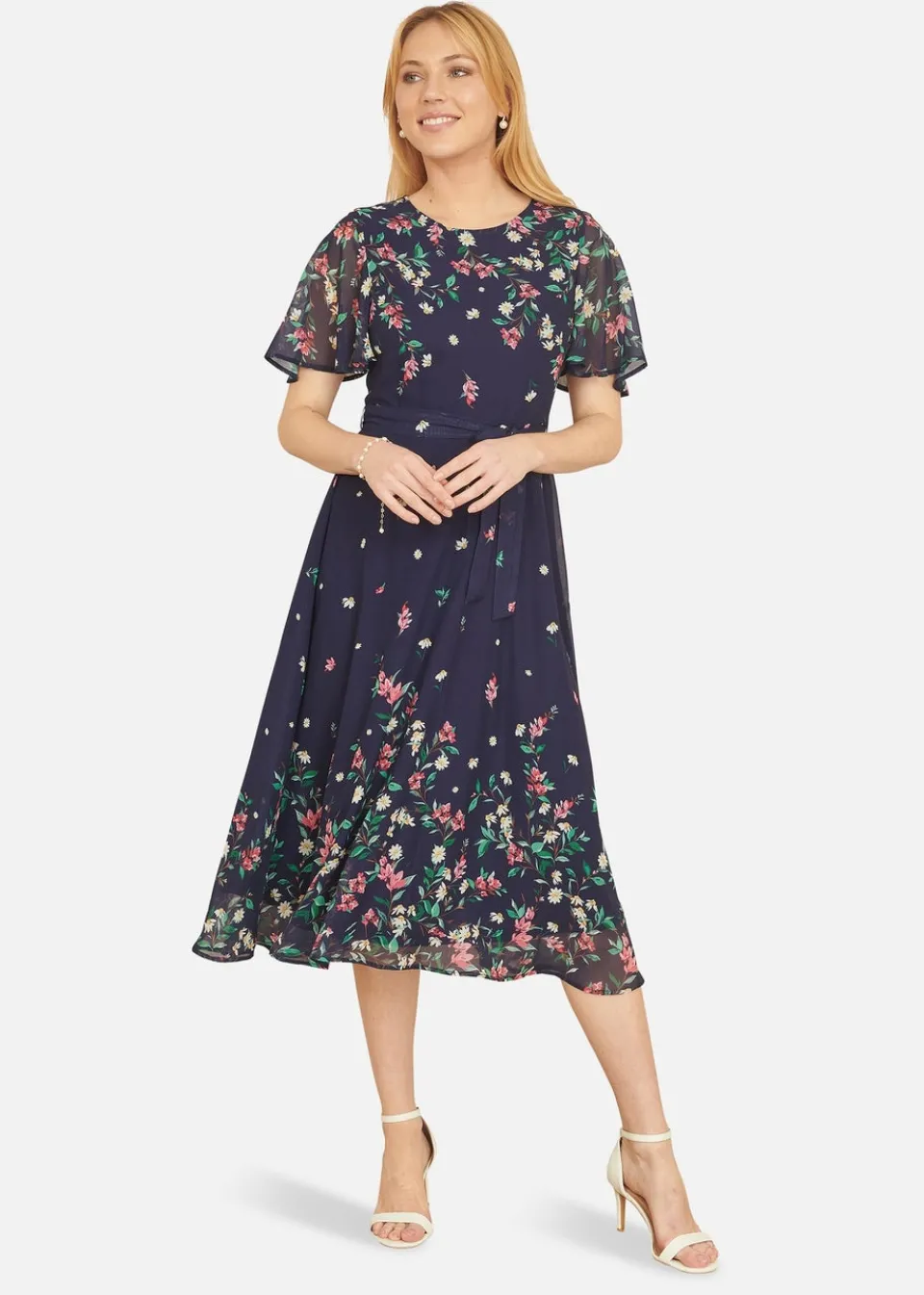 Dresses>Yumi Navy Daisy Mirror Placement Skater Dress With Angel Sleeves