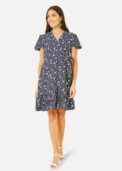 Dresses>Yumi Navy Ditsy Floral Wrap Frill Dress