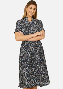 Dresses>Yumi Navy Ditsy Print Ruched Waist Button Down Midi Dress